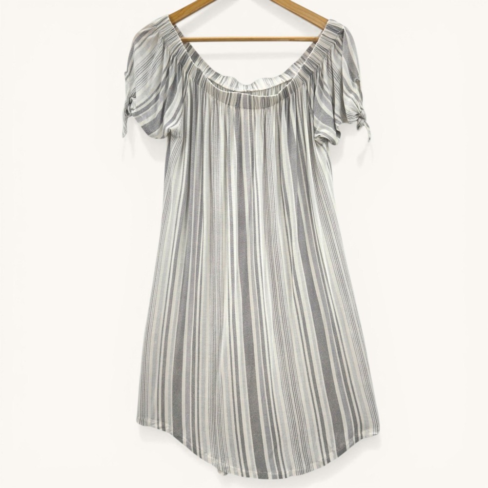 No Comment Off Shoulder Striped Dress Large White Gray Tie Sleeve NWT Coastal - Picture 2 of 12